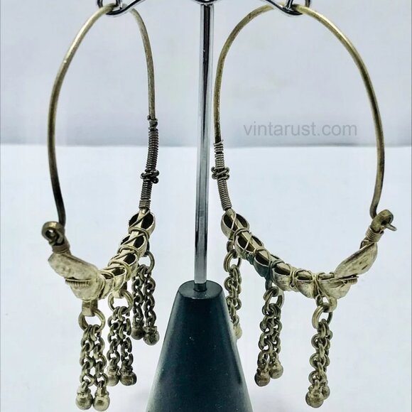 Big Vintage Hoop Earrings With Bells, Tribal Antique Boho Jewelry - Picture 2 of 7